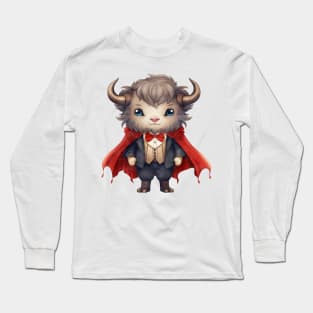 Cartoon American Bison in Dracula Costume Long Sleeve T-Shirt